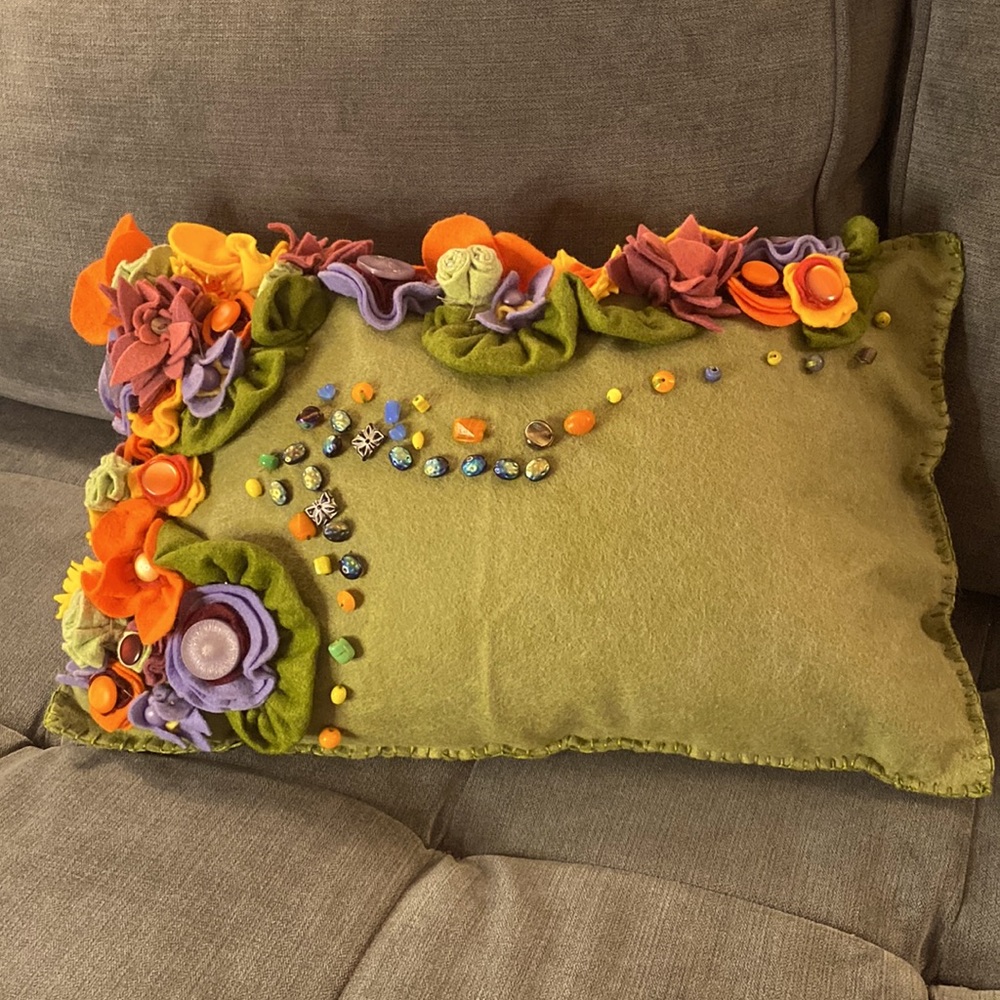 Handmade Wool Felt Pillow With Vintage Button Accents Made in Montana